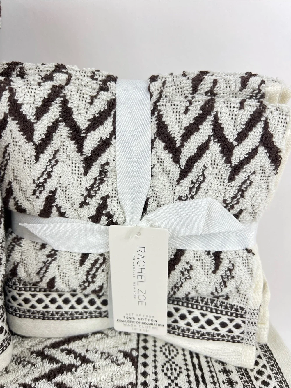 Rachel Zoe Bath Towel Set Brown Cream Zigzag Chevron Soft 100% Cotton 8 Pc NEW